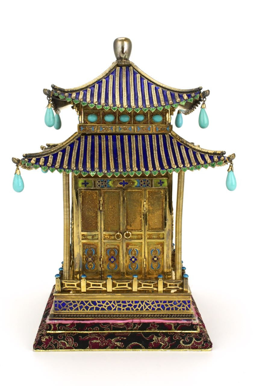 Chinese silver gilt enamel pavilion clock 1970s