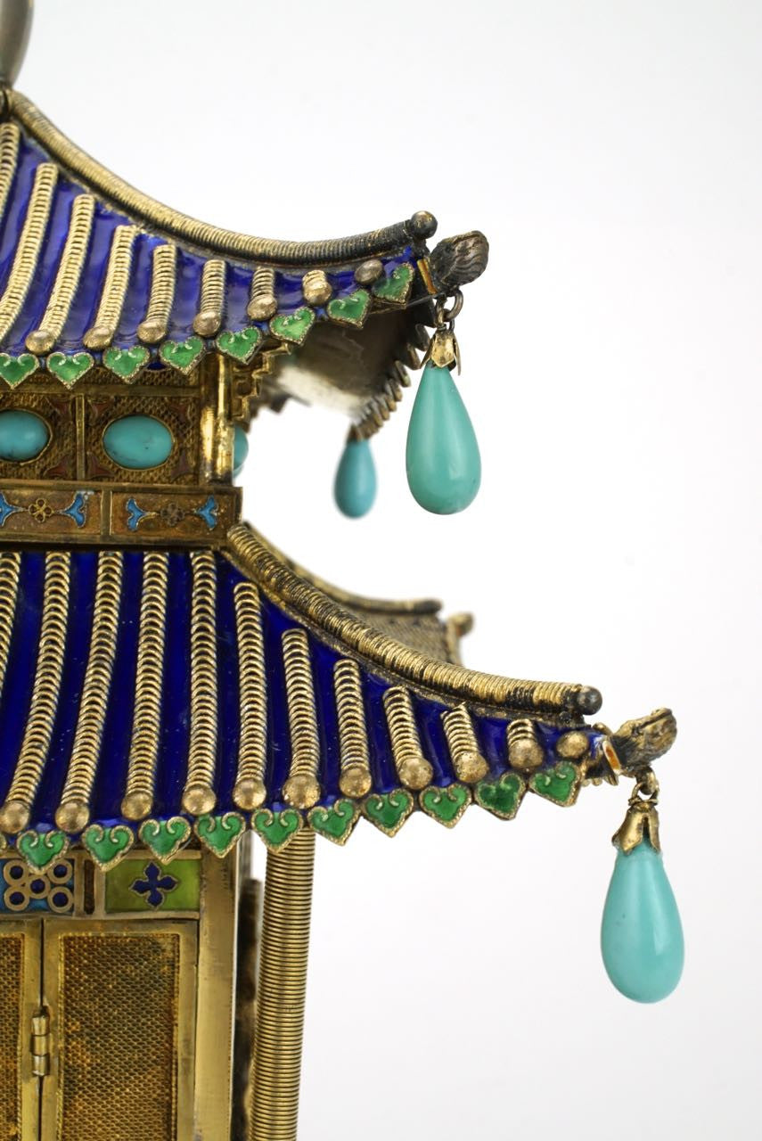 Chinese silver gilt enamel pavilion clock 1970s