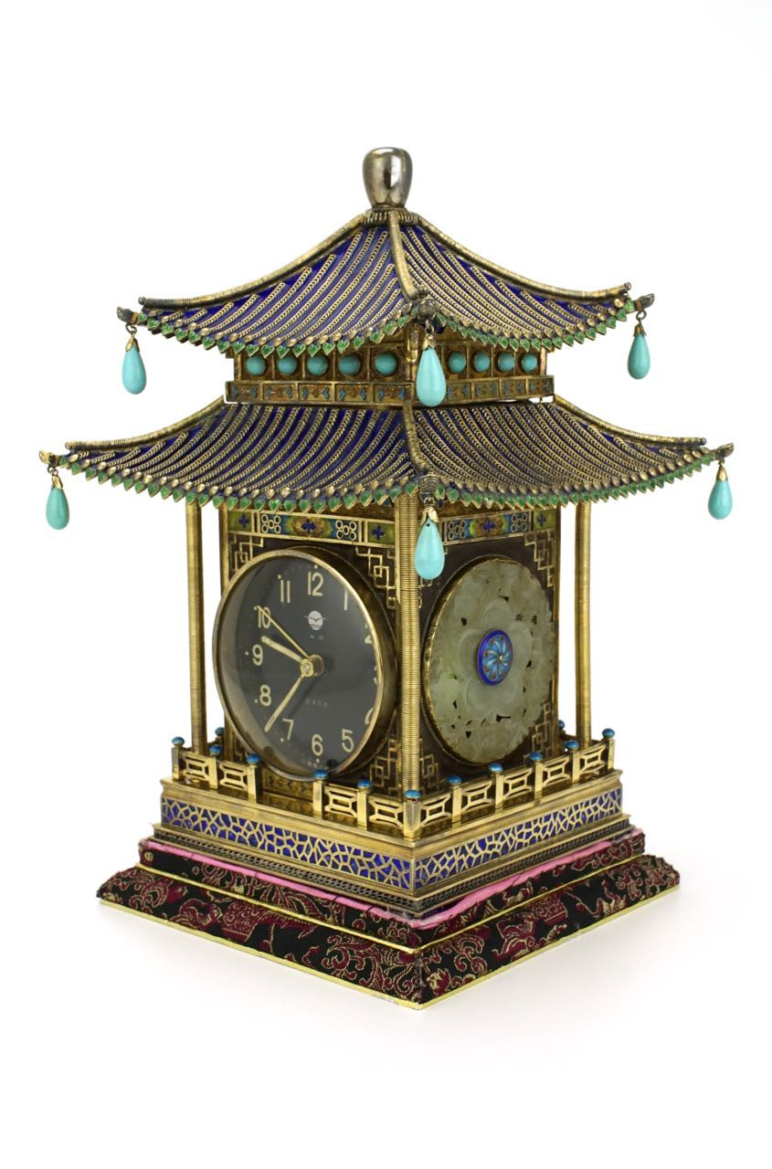 Chinese silver gilt enamel pavilion clock 1970s