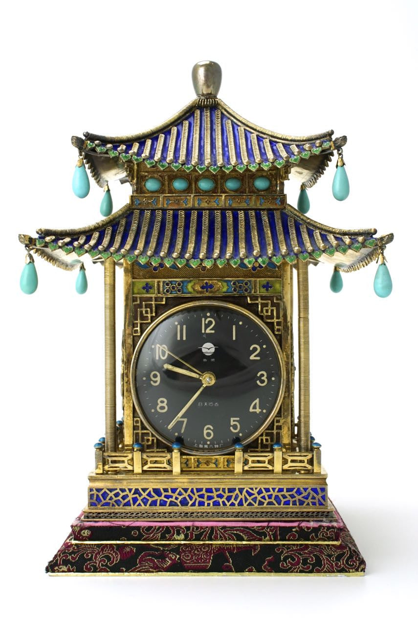 Chinese silver gilt enamel pavilion clock 1970s