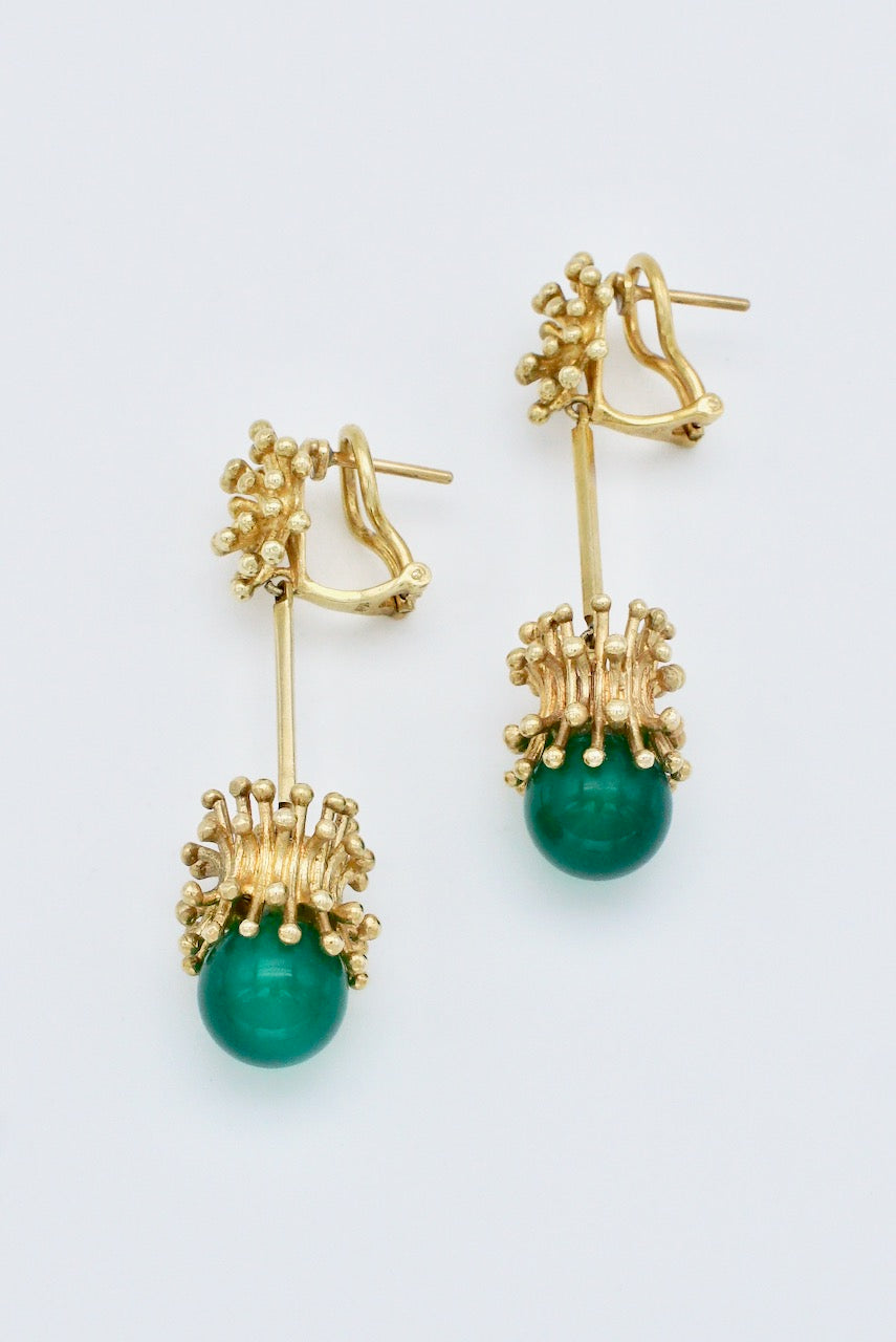 Vintage Modernist 14k Gold Green Agate Earrings