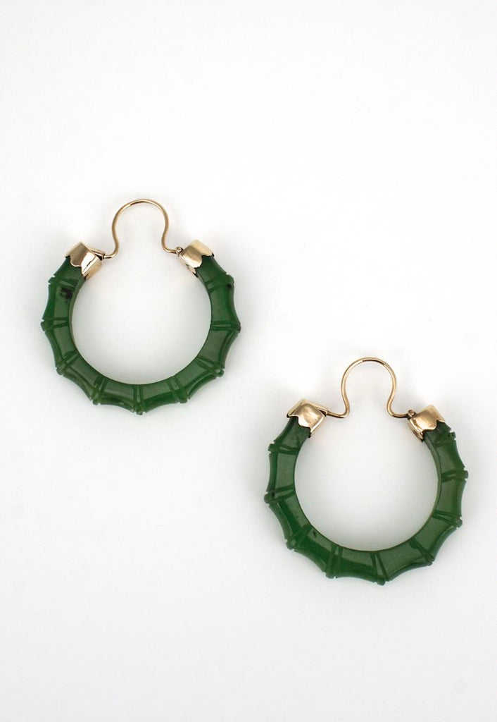 Vintage 14k yellow gold bamboo carved greenstone hoop earrings