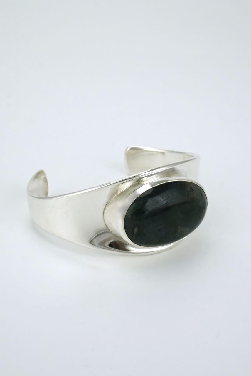 Vintage Bent Knudsen Silver Moss Agate Cabochon Cuff - Design 19