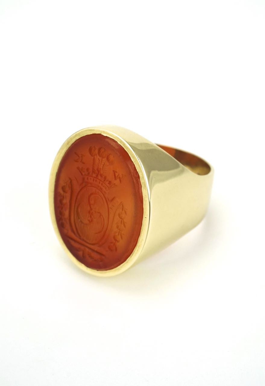 English 9k yellow gold carnelian intaglio seal ring