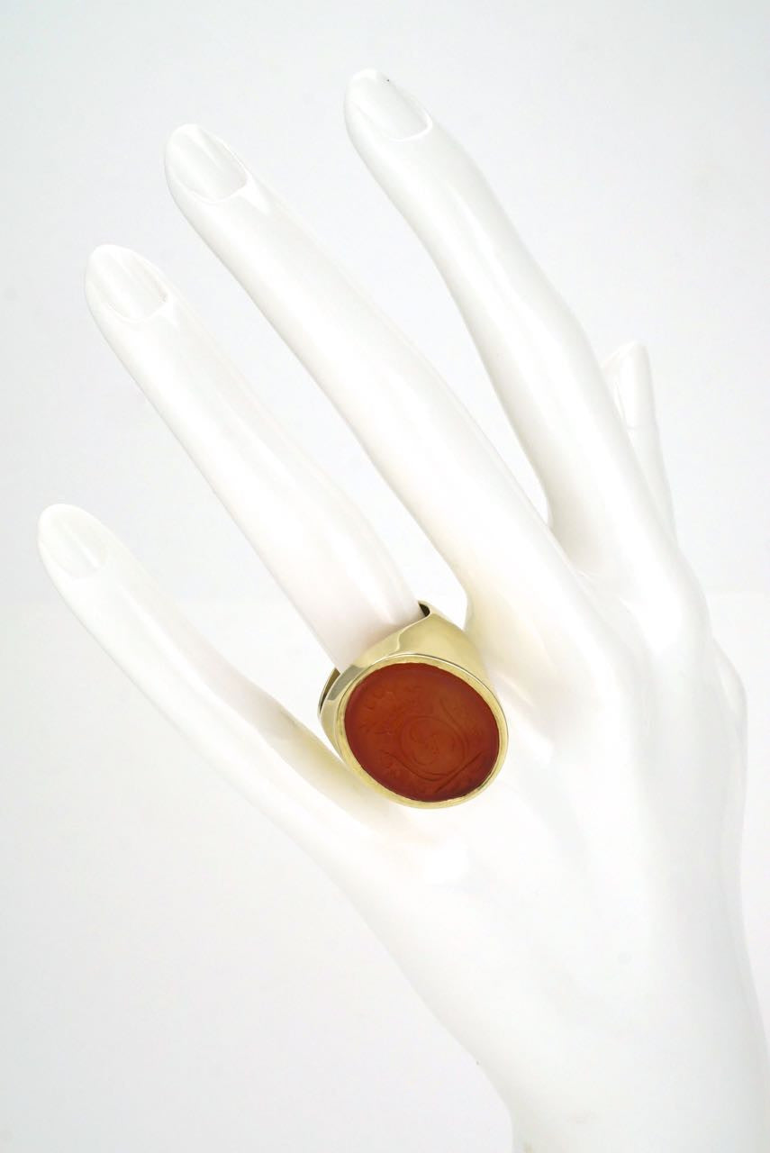 English 9k yellow gold carnelian intaglio seal ring