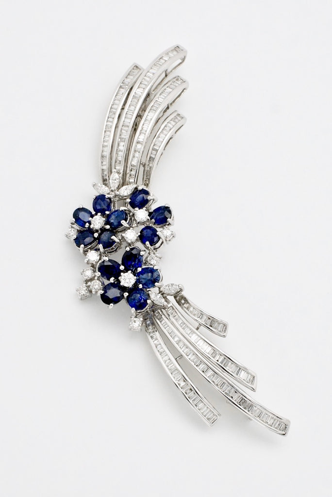Vintage 18k White Gold Sapphire and Diamond Flower Brooch 1960s