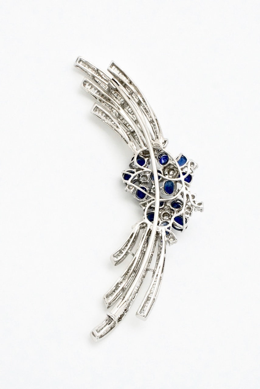 Vintage 18k White Gold Sapphire and Diamond Flower Brooch 1960s