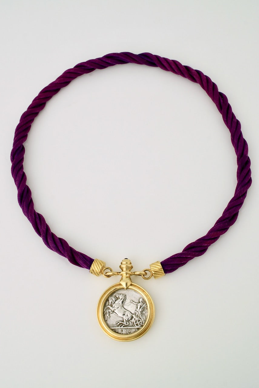 Vintage 18k Gold Silver Sapphire Italian Coin Cord Collier Necklace