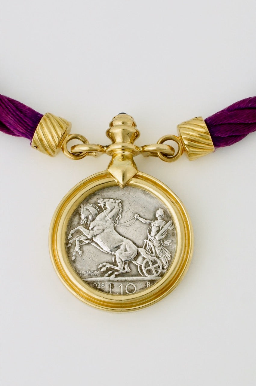 Vintage 18k Gold Silver Sapphire Italian Coin Cord Collier Necklace