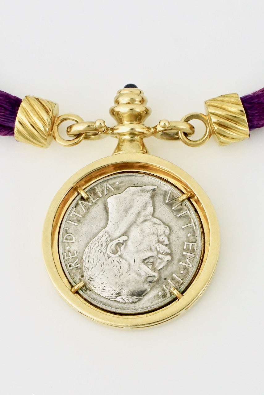 Vintage 18k Gold Silver Sapphire Italian Coin Cord Collier Necklace