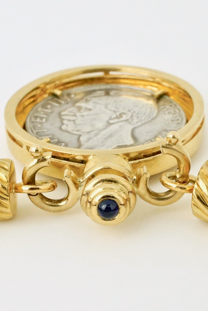 Vintage 18k Gold Silver Sapphire Italian Coin Cord Collier Necklace