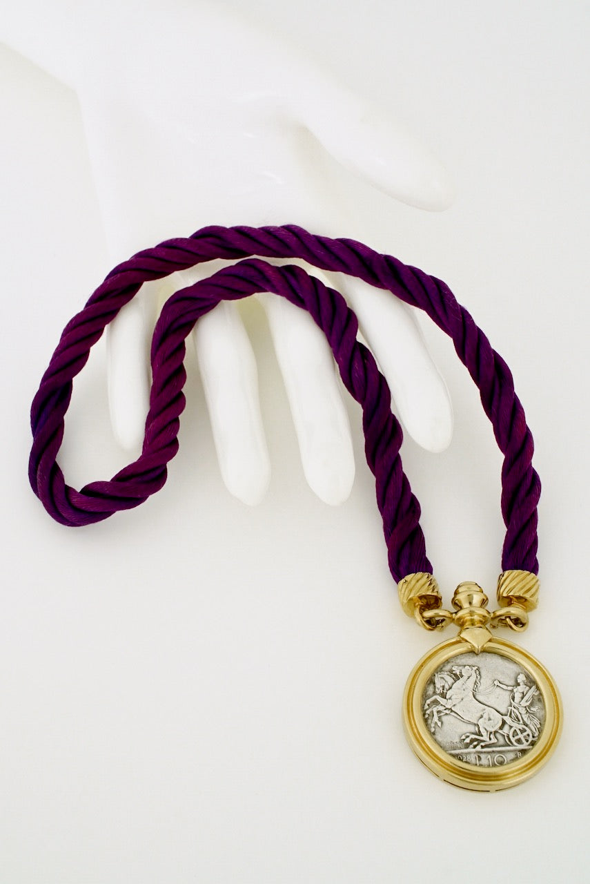 Vintage 18k Gold Silver Sapphire Italian Coin Cord Collier Necklace