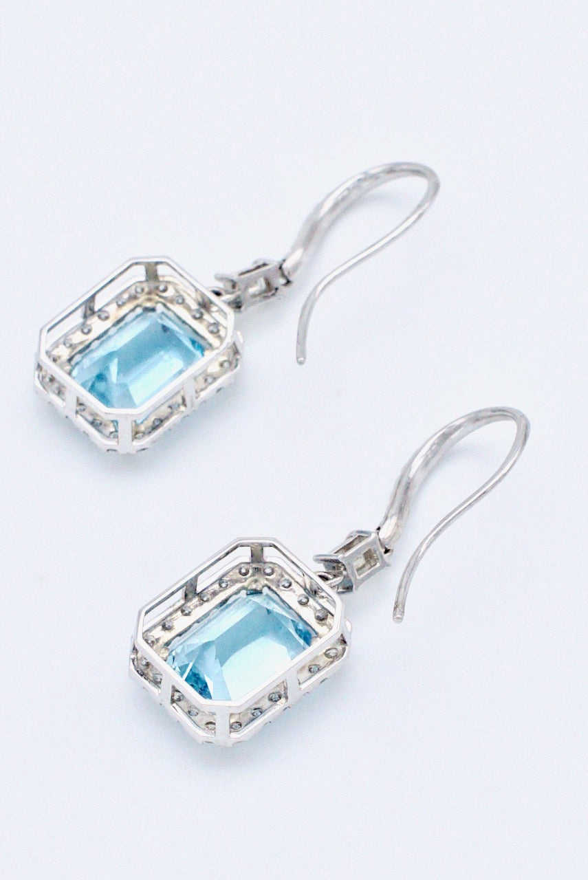 Vintage 18k White Gold Aquamarine Diamond Drop Earrings