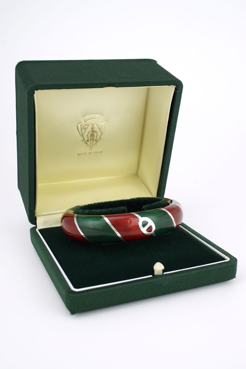 Vintage Gucci Solid Silver Red and Green Enamel Cuff 1980s