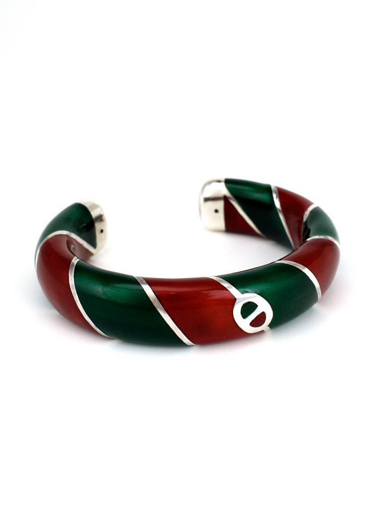 Vintage Gucci Solid Silver Red and Green Enamel Cuff 1980s