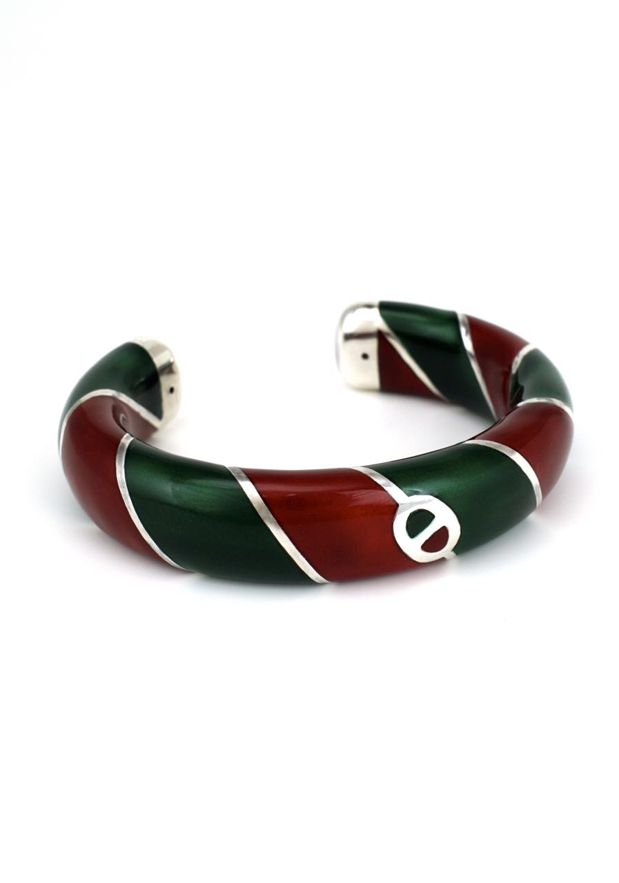Vintage Gucci Solid Silver Red and Green Enamel Cuff 1980s