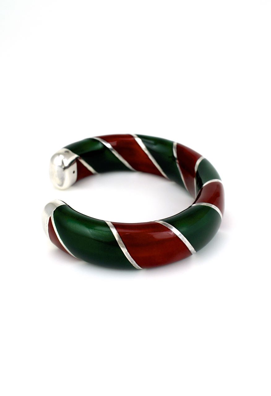 Vintage Gucci Solid Silver Red and Green Enamel Cuff 1980s