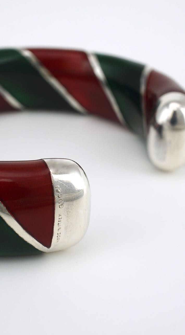 Vintage Gucci Solid Silver Red and Green Enamel Cuff 1980s