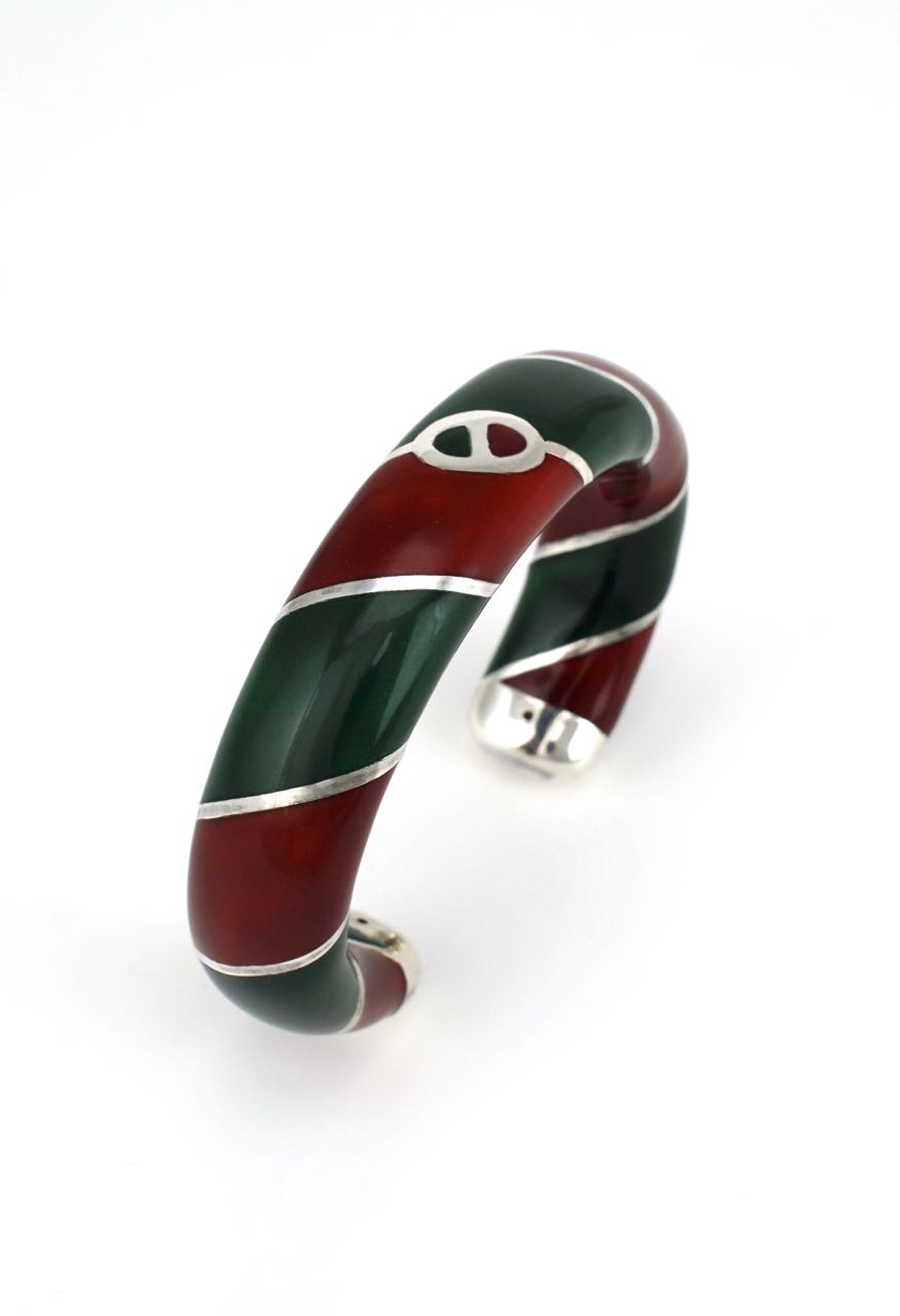 Vintage Gucci Solid Silver Red and Green Enamel Cuff 1980s