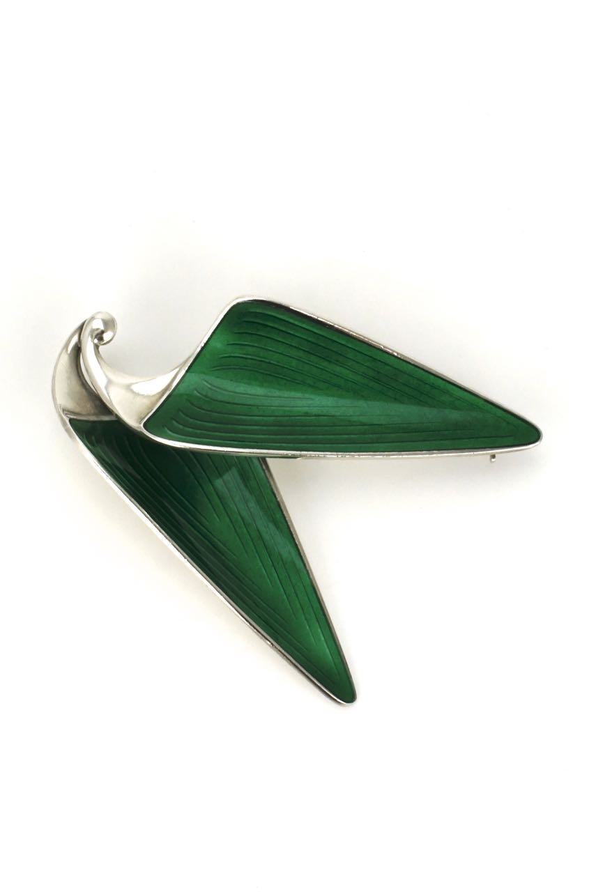 Norwegian silver and green enamel double leaf brooch 1960s