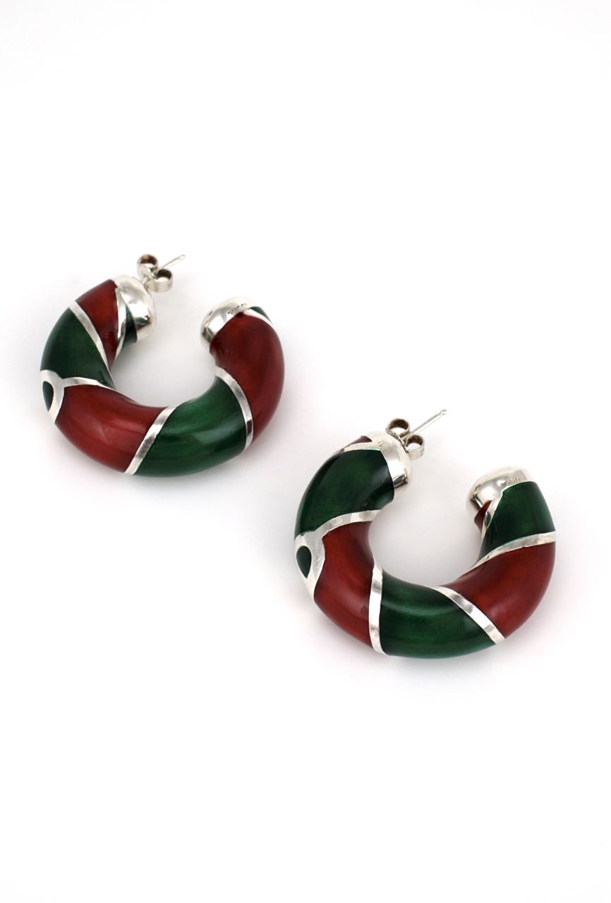 Vintage Gucci Sterling Silver Red and Green Enamel Hoop Earrings 1980s