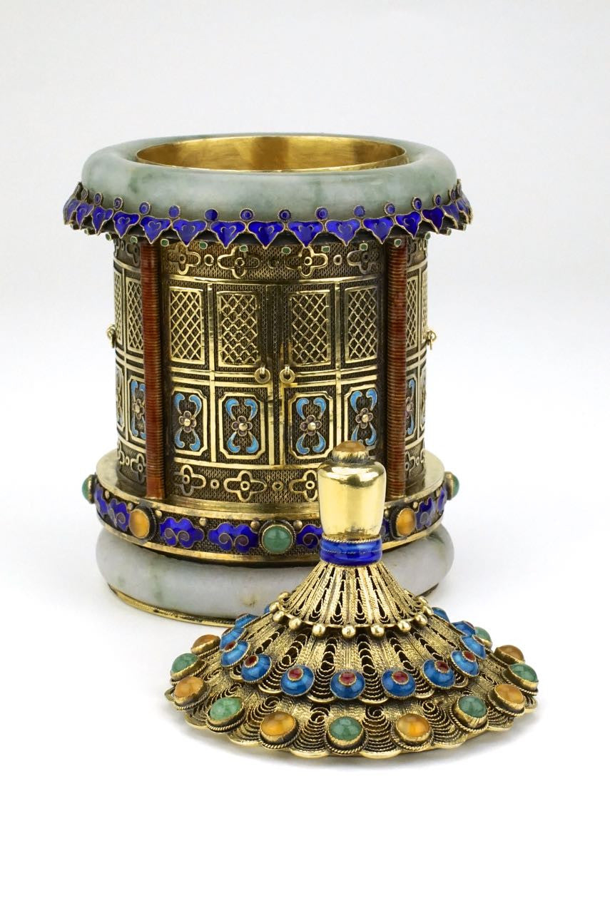 Chinese export silver pavilion canister