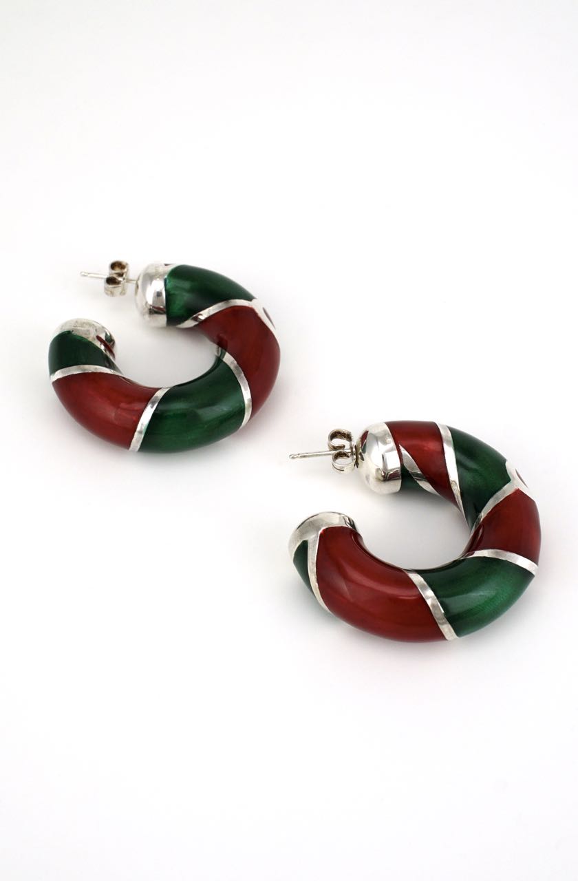Vintage Gucci Sterling Silver Red and Green Enamel Hoop Earrings 1980s