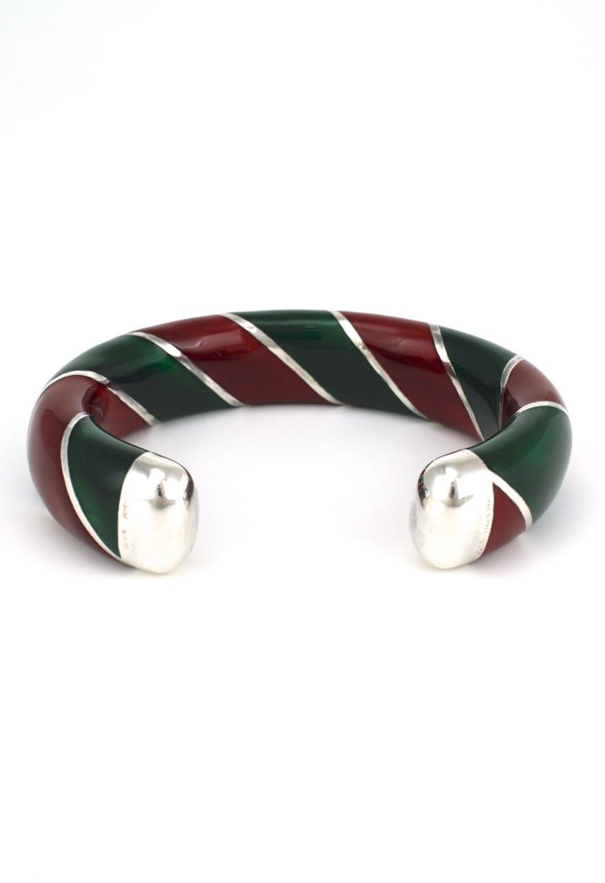 Vintage Gucci Solid Silver Red and Green Enamel Cuff 1980s
