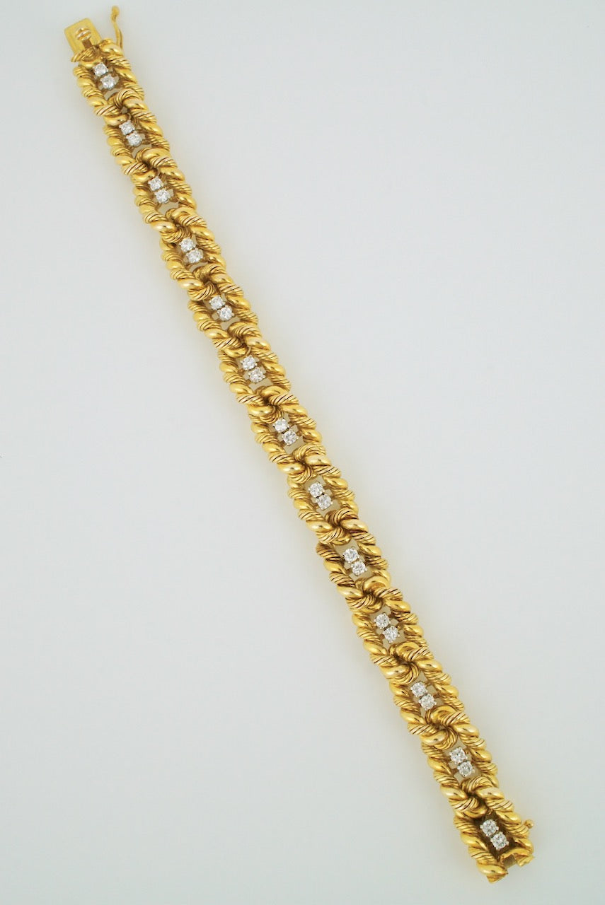 Vintage Heavy Retro 18k Yellow Gold Diamond Rope Link Bracelet 1960s