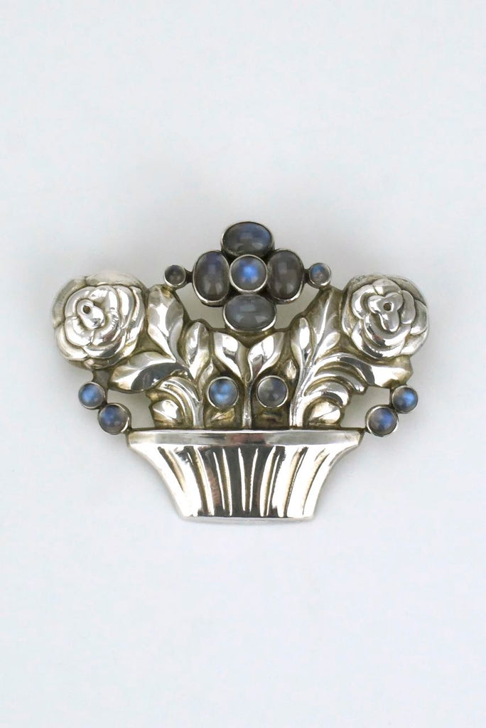 Georg Jensen silver moonstone basket of flowers brooch - design 67