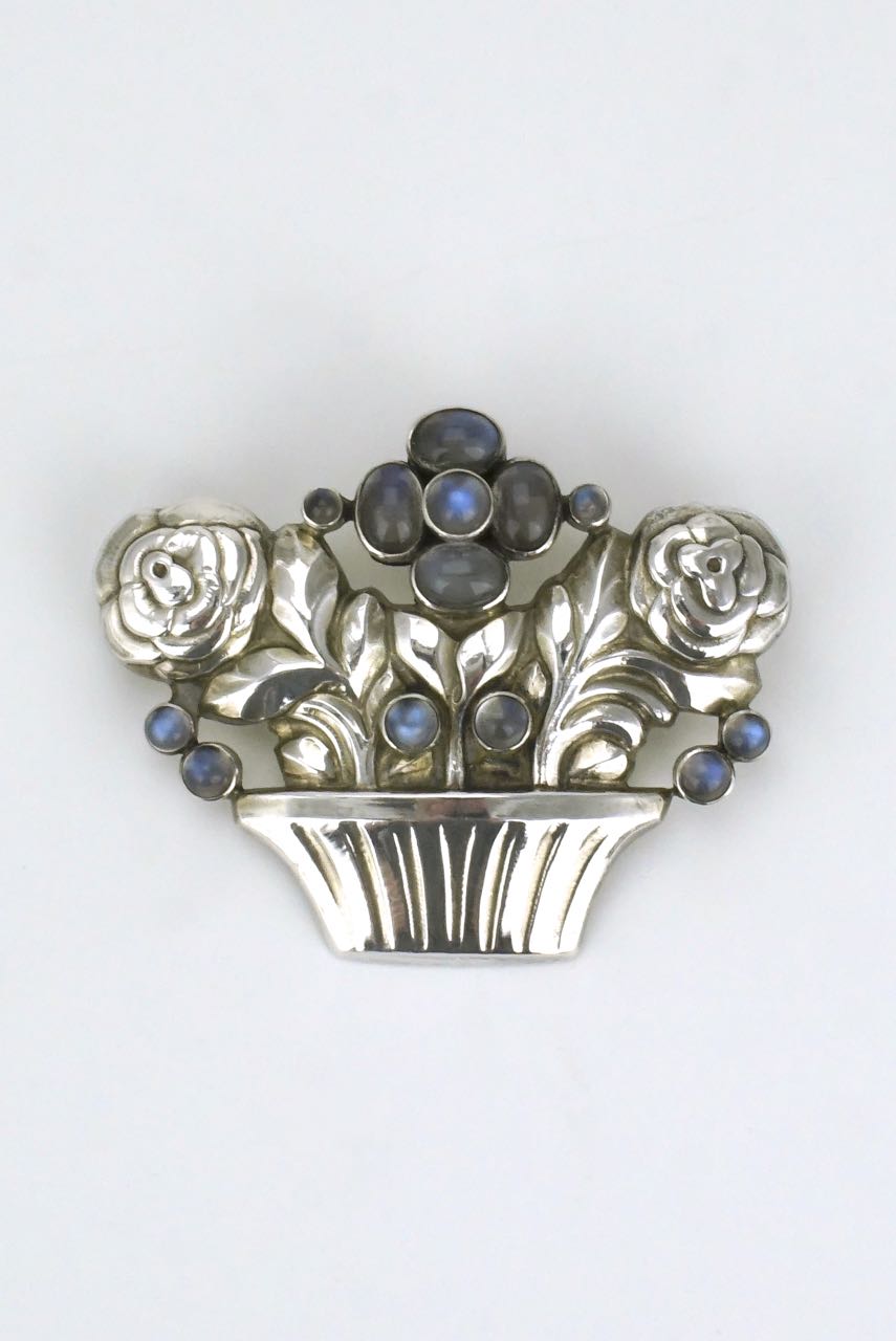 Georg Jensen silver moonstone basket of flowers brooch - design 67