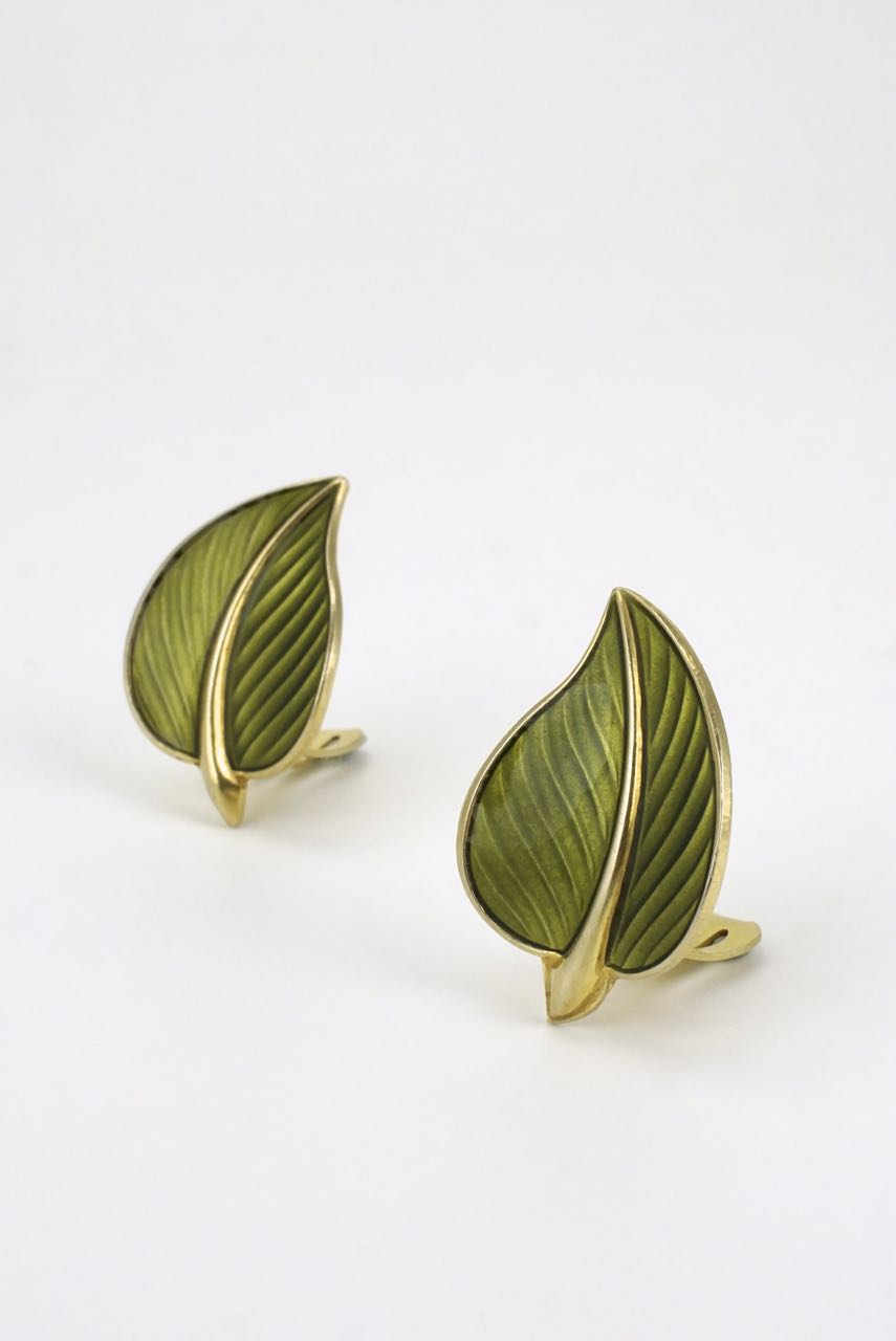 Vintage Norwegian Silver and Green Enamel Modernist Leaf Clip Earrings 1950s