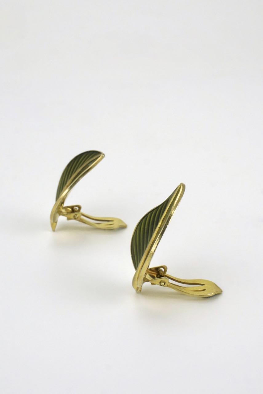 Vintage Norwegian Silver and Green Enamel Modernist Leaf Clip Earrings 1950s