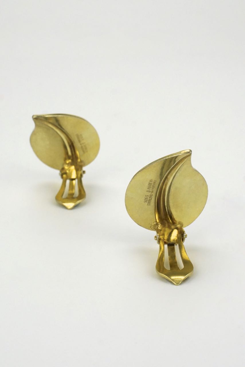 Vintage Norwegian Silver and Green Enamel Modernist Leaf Clip Earrings 1950s