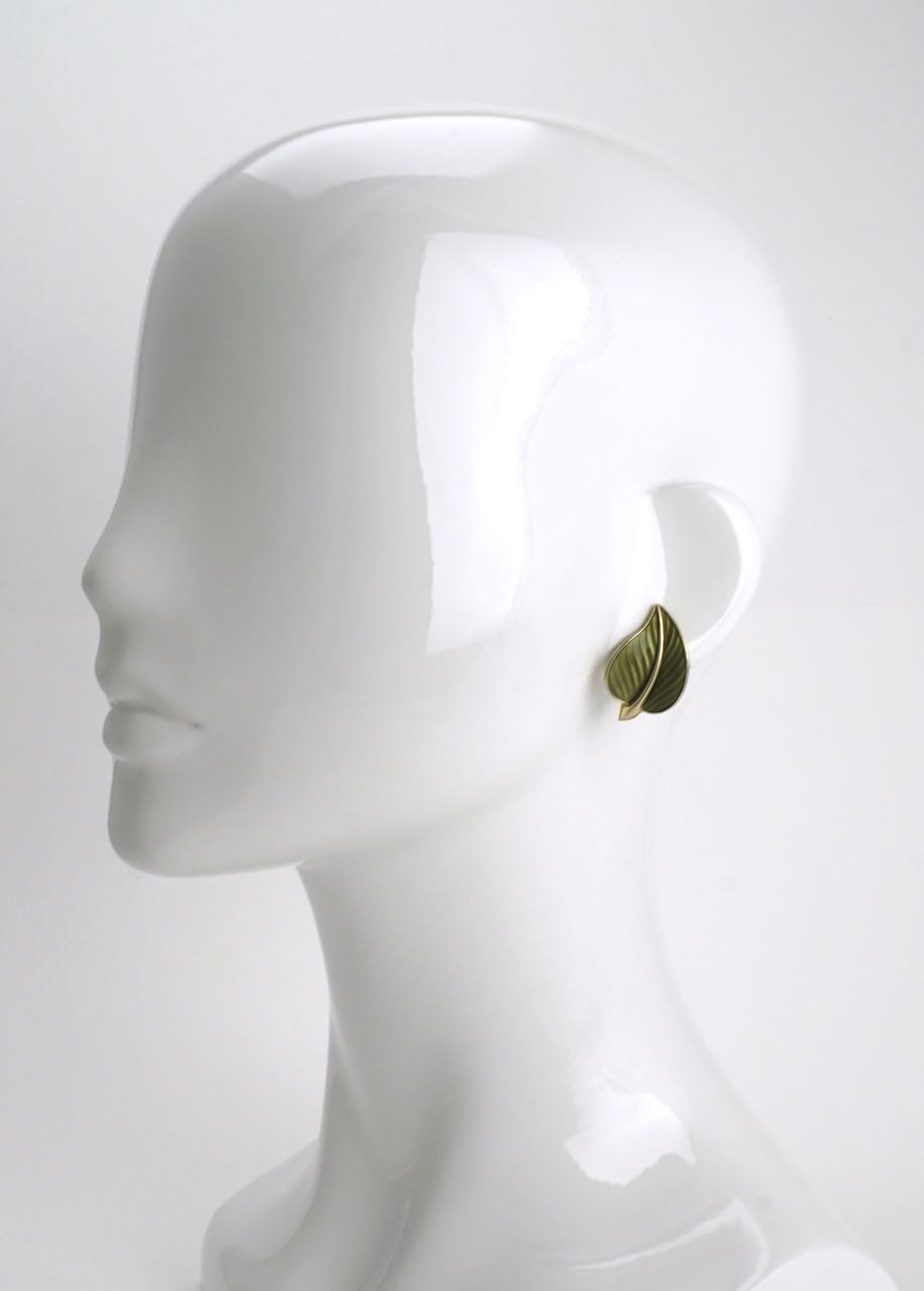 Vintage Norwegian Silver and Green Enamel Modernist Leaf Clip Earrings 1950s