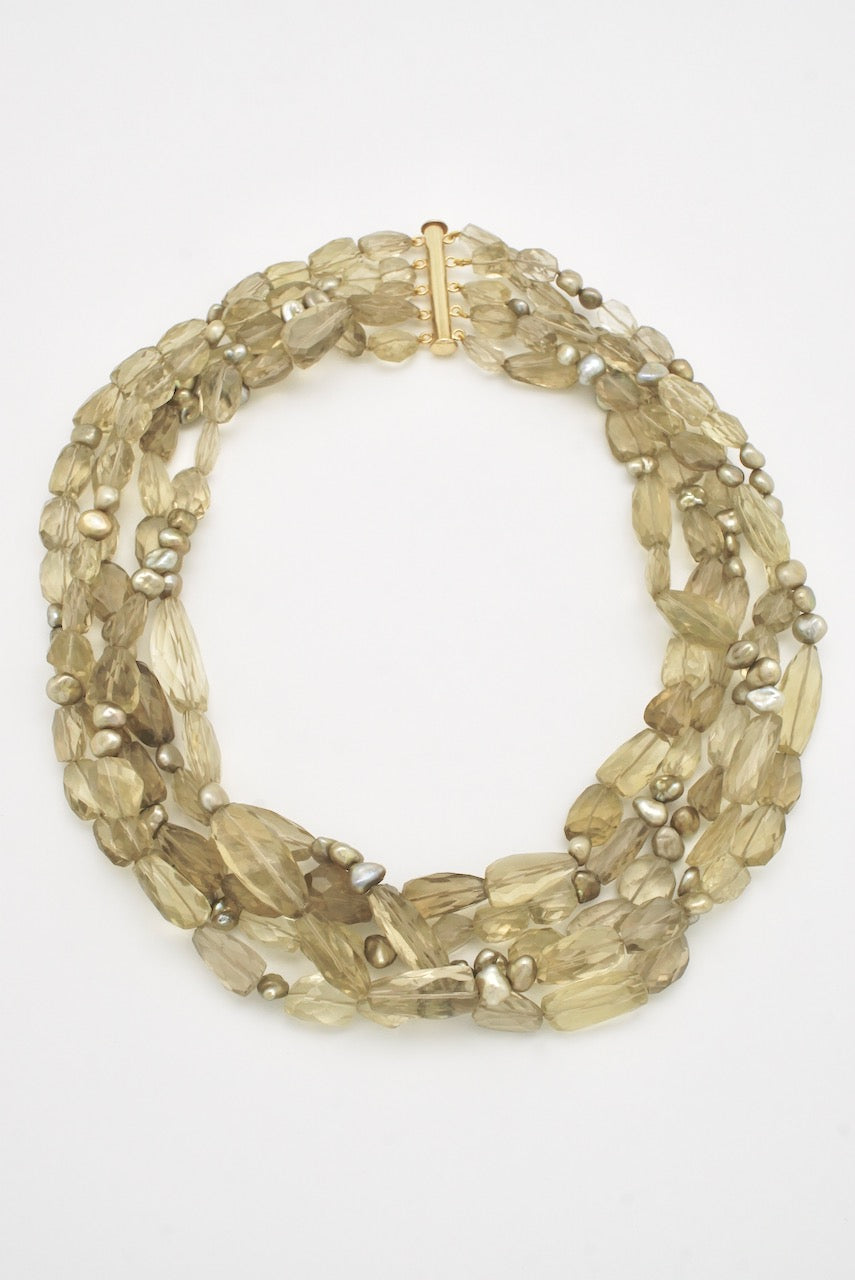 Faceted Quartz and Pearl Five Strand Beaded Necklace