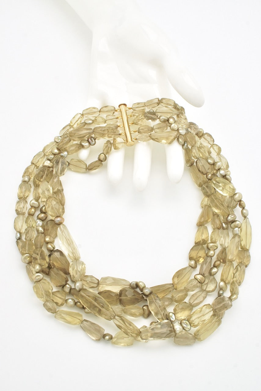 Faceted Quartz and Pearl Five Strand Beaded Necklace