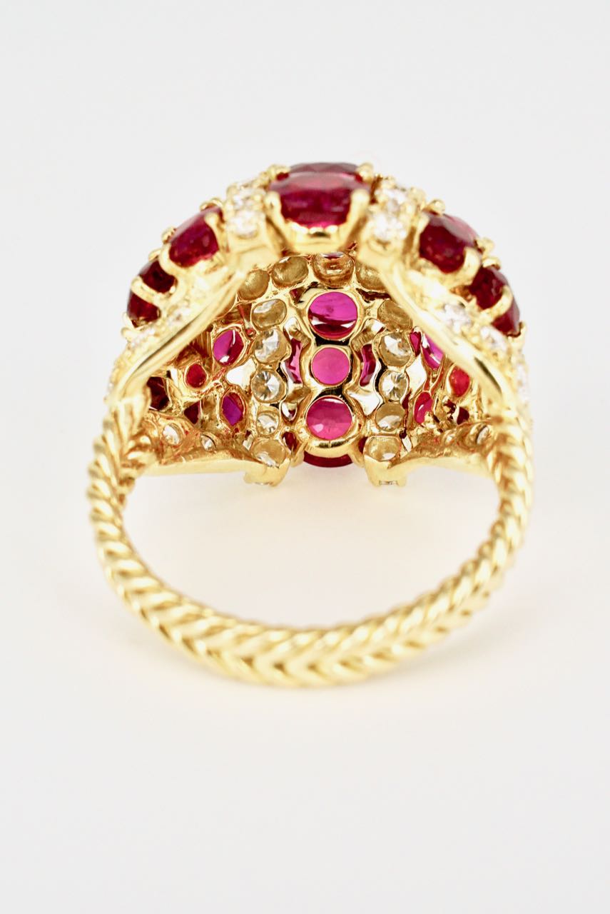 Vintage 18K Yellow Gold Ruby Diamond Bombe Ring 1970s