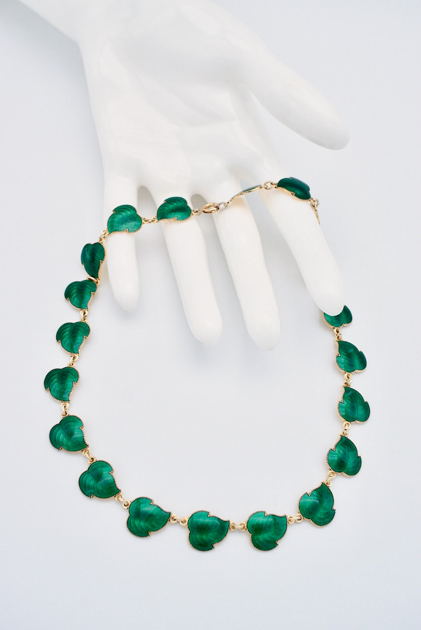 Vintage Sterling Silver Gilt Green Enamel Leaf Link Necklace 1950s