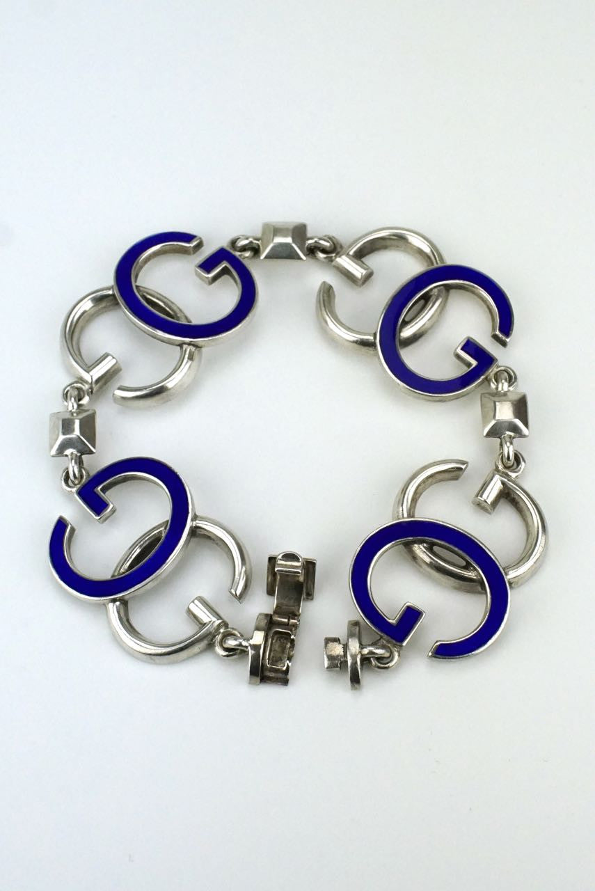 Gucci silver and blue enamel G motif bracelet
