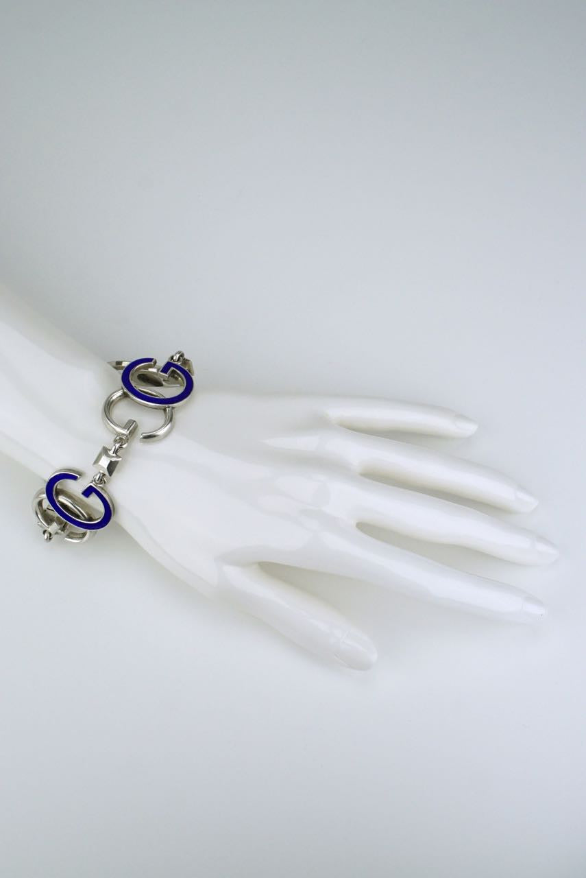 Gucci silver and blue enamel G motif bracelet