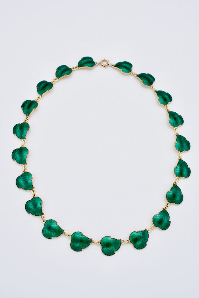 Vintage Sterling Silver Gilt Green Enamel Leaf Link Necklace 1950s