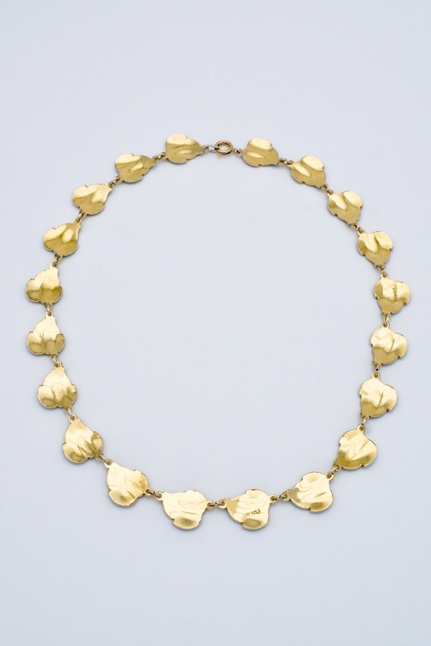 Vintage Sterling Silver Gilt Green Enamel Leaf Link Necklace 1950s
