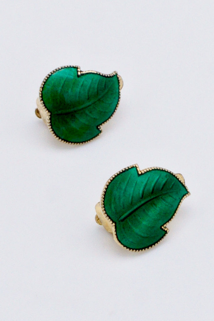 Pair of Vintage Sterling Silver Gilt Green Enamel Leaf Clip Earrings 1950s
