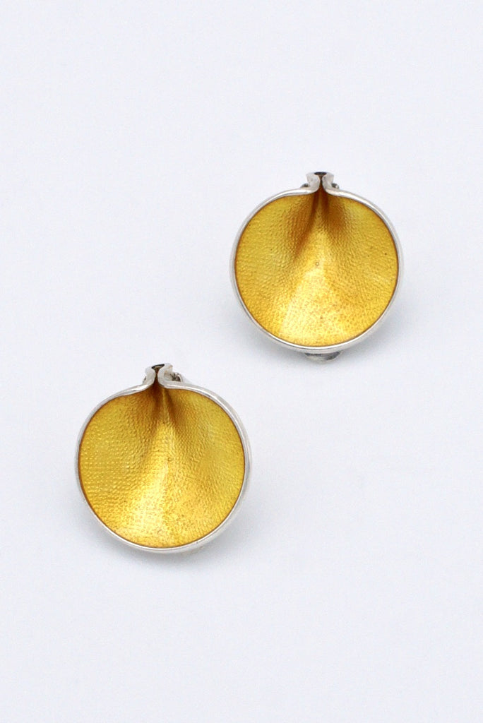 Vintage Pair Sterling Silver Yellow Enamel Clip Earrings - Einar Modahl 1960s