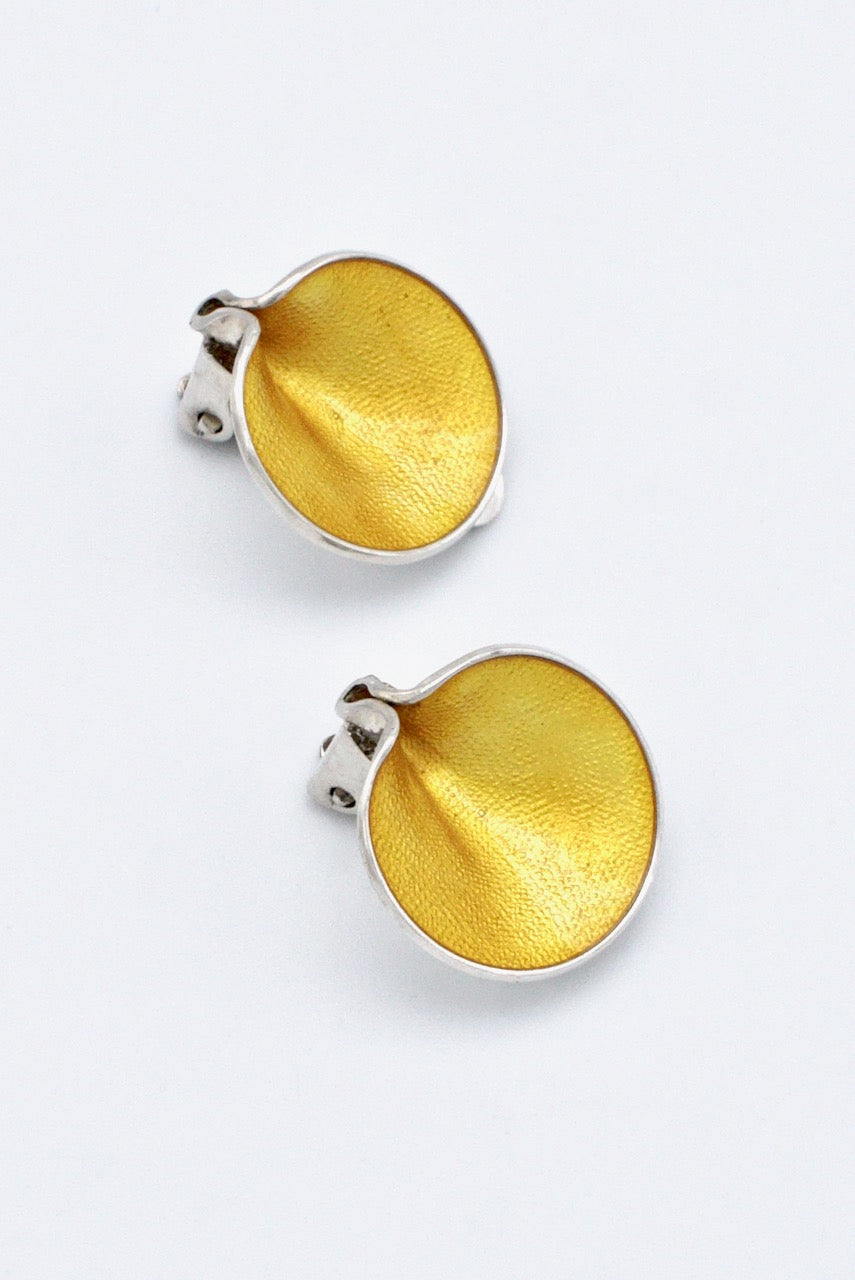 Vintage Pair Sterling Silver Yellow Enamel Clip Earrings - Einar Modahl 1960s
