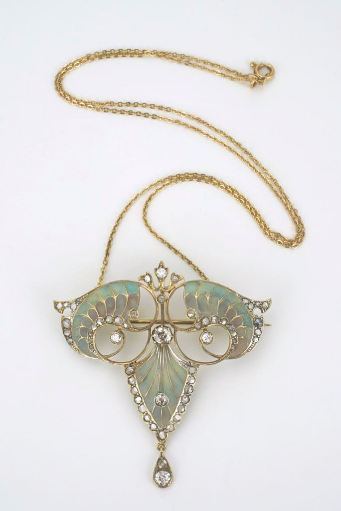 Art Nouveau 18k gold diamond and plique-à-jour brooch pendant necklace