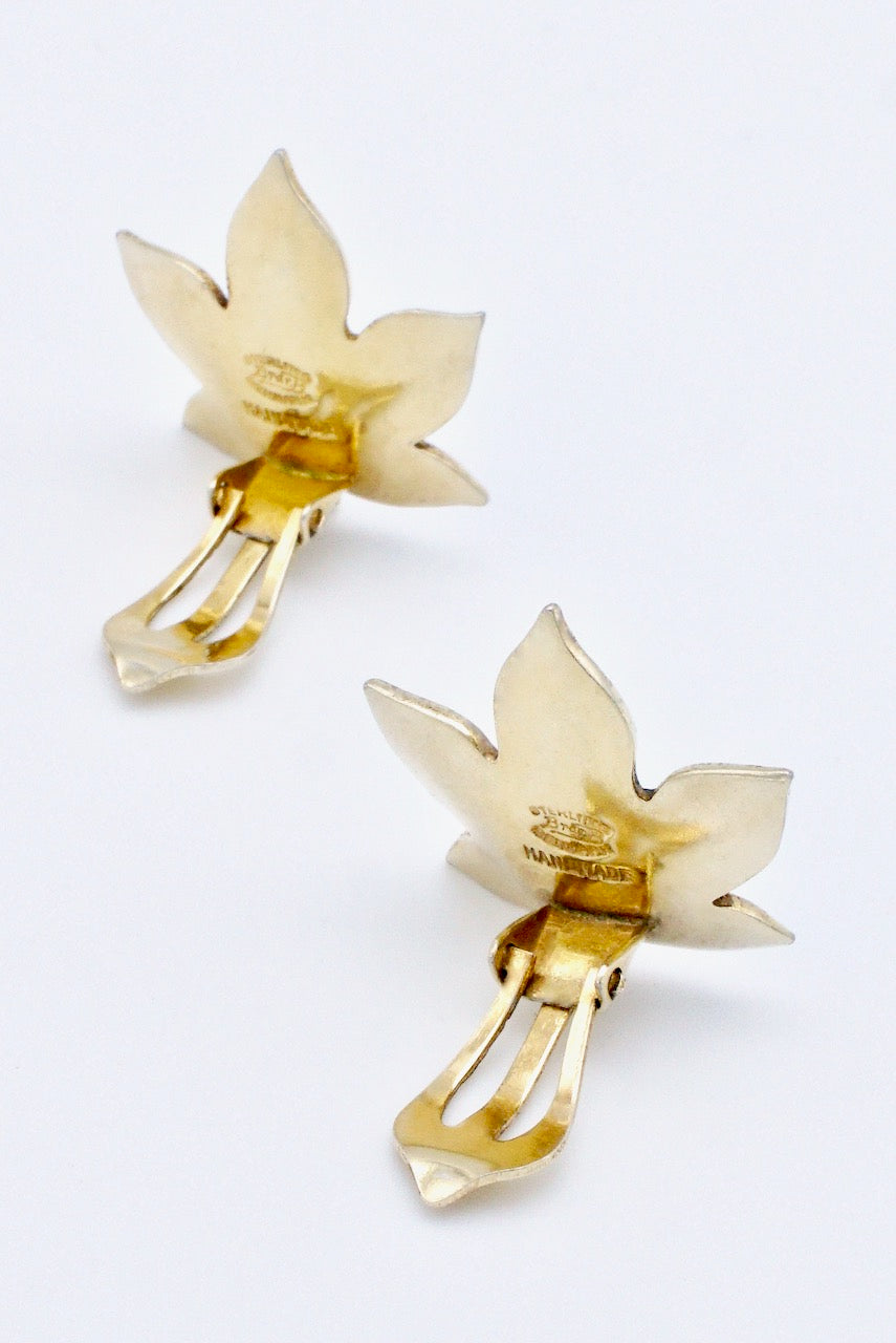 Pair of Vintage Sterling Silver Gilt Enamel Maple Leaf Clip Earrings Denmark 1960s