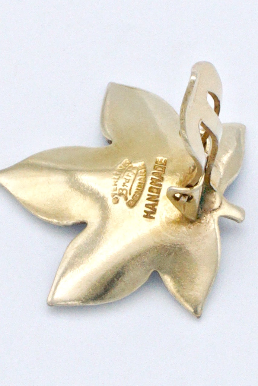 Pair of Vintage Sterling Silver Gilt Enamel Maple Leaf Clip Earrings Denmark 1960s