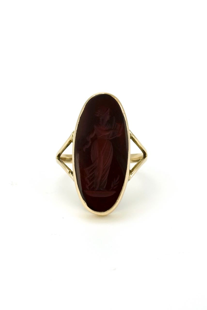 Antique 9k yellow gold oval carnelian intaglio ring 1890s